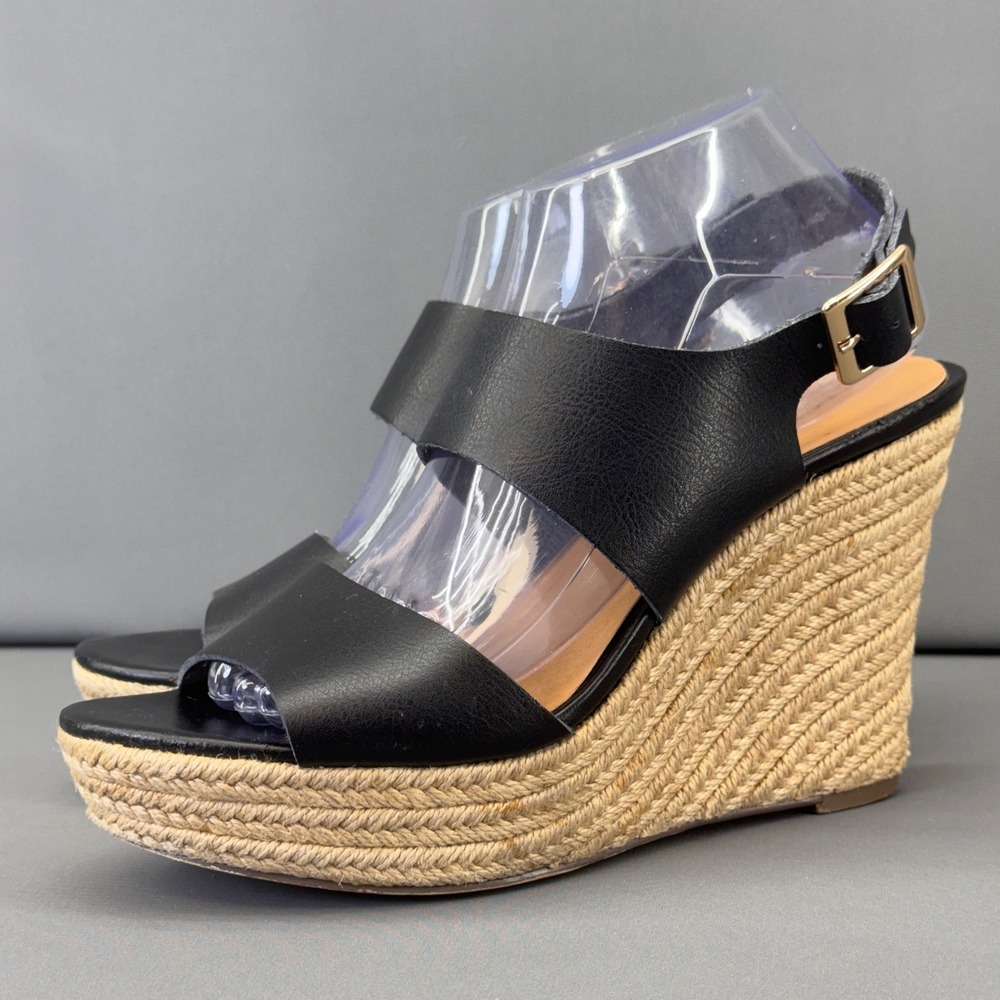 J.Crew Black Faux Leather Espadrille Wedge‎ High Heel Sandals 9M